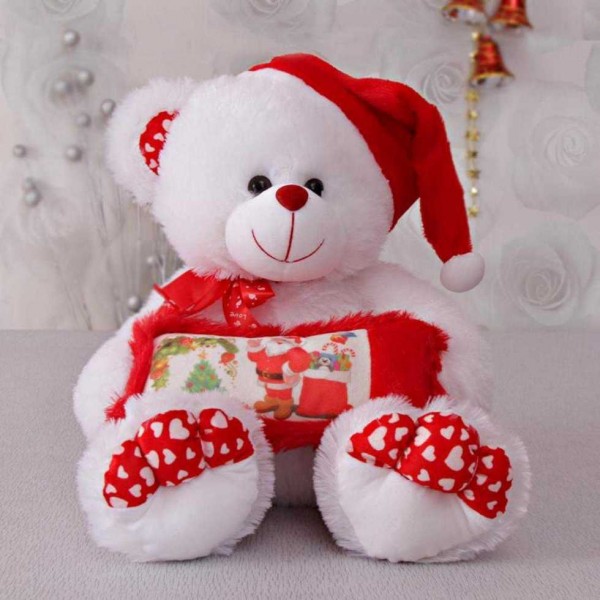 White 15 Inch BigFoot Christmas Teddy Bear with cap and santa cushion